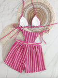 3PCS With Shorts Stripe Halter Fishnet Bikini Women Swimwear Female Swimsuit Three-pieces Bikini Set Bathing Suit Swim Beachwear