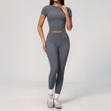 Creamy 2 Pieces Workout Suit Women Yoga Outfits Short Sleeve O Neck Slim Sports T Shirts High Waist Flare Pants Gym Fitness Sets