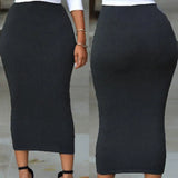 Women Skirt Solid Color Elastic Bodycon High Waist Mid-calf Length Sheath Skirt No Constraint Match Top Comfortable Dating Skirt