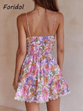 V Neck Bowknot Floral Print Boho Summer New Dress for Women Adjustable Strap Lace Patchwork Sundress Beach Casual Short Dress