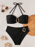 S - XL Metal Rings Halter Female Swimsuit High Waist Bikini Women Swimwear Two-pieces Bikini set Bather Bathing Suit Swim Lady