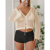 V Neck Long Sleeve Hollow Out Crochet Knitted Tunic Beach Dress Beach Wear Beachwear Beach Cover Up Cover-upsFemale Women V7192