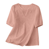 Women Summer Loose Embroidered V Neck Solid Color Short Sleeved Comfortable Button Down Shirt Top женская одежда