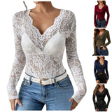 Women V Neck Floral Lace Long Sleeve T Shirt See Through Slim Fit Tees Y2k Gothic Club Party Streetwear Ladies Sheer Basic Tops