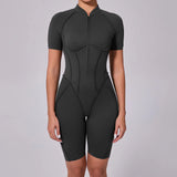 Summer Zipper Short Sleeve Yoga Jumpsuit Women Outerwear Sports Fitness Hip-lifting Backless One-piece Workout Gym Tracksutis