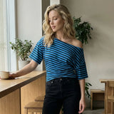 Women Elegant Summer Off One Shoulder Tops Striped Short Sleeve Loose Fit Basic T Shirts for Daily Wear