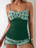 Vintage Black Floral Print Tankini Set 2026 Swimwear Women Drawstring Side Pleate Tank Top High Waist Short Two Piece Swimsuit