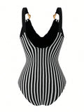 Vintage Black Striped Swimwear Skirts Set Women 2026 Metal Buckle Strap V Neck Slimming Bathing Suit Holiday One Piece Swimsuit