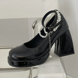 10cm Super High Heels Mary Jane Shoes Women Fashion Patent Leather Platform Pumps Woman Pearls Chain Ankle Strap Party Shoes