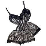Summer Lace Sleepwear Sexy Satin Pajamas Set Women Nightshirt 2 Pieces Crop Tops and Shorts Set Homewear Loungewear