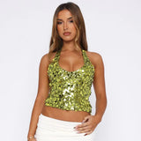 Sexy Solid Green Sequins Crop Tops Women 2026 Summer Halter Neck Lace-up Shiny Corset Vacation Camisole Top Night Club Outfit
