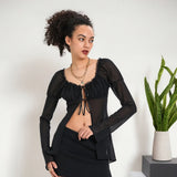 Spring Summer Women Solid Color Split Tie Front Tops See Through Frill Trim Square Neck Long Puff Sleeve Mesh Shirts