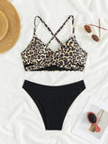 Sexy Leopard Print Cross Bikini Set 2026 Women Halter Push Up Black High Waist Swimsuit Summer Bathing Suit Two Piece Swimwear