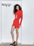 Ahagaga Eelgant Fashion Dresses For Women Solid Zipper Sheath Pleated Hollow Out Regular Long Sleeves Turtleneck Shoulder Pad