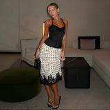 FDYOUI Elegant Polka Dot White Skirts for Women Chic Low Waist Lace Patchwork Mid-calf Skirt Office Lady Slim Dress Streetwear