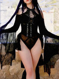 Women Mesh Sheer Bodysuits Flare Long Sleeve Cold Shoulder Spider Web Bodycon Body Tops Halloween Party Gothic Clubwear