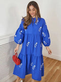 Foridol Lantern Sleeve Spring Summer Women Dress Embroidery Loose Midi Casual Vestidos 2025 Wrist Sleeve Royal Blue Sundress