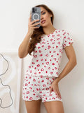 Women Leopard Print Pleated Pajama Set Ruffle Short Sleeve Crop Top Elastic High Waist Shorts Soft Casual Loungewear Sleepwear