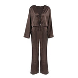 Women Silk Satin Pajama Set Deep V Neck Long Sleeve Lace Trim Tie Front Top Pants Soft Loungewear Elegant Home Sleepwear Night