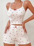 Women Summer Pajamas Sleepwear Heart Print Casual Backless Crop Cami Top & High Waist Shorts 2 Pieces Set Loungewear