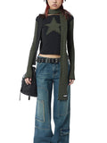 Early Autumn Punk Style Slim Fit T-shirt Women Long Sleeve Crew Neck Star Stripes Patchwork Ladies Tops for Casual Daily