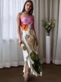 Zevity Women Sexy Single Shoulder Floral Print Slim Long Dress Female Chic Backless Side Zipper Brand Party Vestidos DS9198
