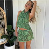Women's Fashionable Lapel Embroidered Backless Shorts Set J25E