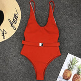 V Neck Ribbed High Leg Cut Women Swimwear One Piece Swimsuit Female Backless Monokini Bather Waist Belt Bathing Suit Swimwear