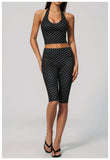 New Summer Women White Polka Dot Print Yoga Sets Hanging Neck Slim Sport Vest High Waist Mid Pants Gym Two-piece Workout Clothes