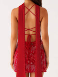 Women's Summer Sequined Flower Embroidery Beaded Bodycon Mini Dress Sleeveless Spaghetti Strap V Neck Night Out Dress with Scarf