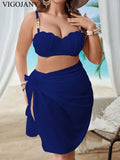 VigoJany 2026 Solid 3 Piece Mesh Skirt Plus Size Bikini Set Women Strapped Push Up Big Swimsuit High Waist Chubby Bathing Suit