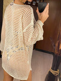 Long Sleeve Hollow Out Top Crochet Knitted Tunic Beach Cover Up Cover-ups Beach Dress Beach Wear Beachwear Female Women V4250