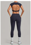 Yoga Set Women's Tracksuit Short Sleeve Back Hollow Out Sports Top Athletic Wear Tight High Waist Pocket Leggings Fitness Suits