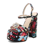 Ethnic Bohemia Sandals Women 2026 Summer Shoes Flower Print Ankle Strap Platform Block High Heels Crystal Pearl Studded