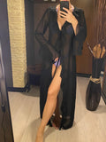 New Sexy V Neck Ruffled Long Sleeve Chiffon Tunic Beach Cover Up Cover-ups Beach Dress Beach Wear Beachwear Female Women V5976