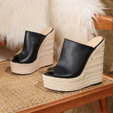Big Size Sexy Peep Toe Black Summer Espadrilles Wedges Sandals Women Classic Super High Heels Platform Sandals Dress Shoes Mules
