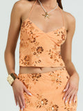 Women Backless Sequined Flower Summer Vest Beaded Halter Top Tie-up Sleeveless Camis Tops for Club Party