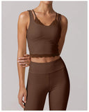 Fake Two Piece Tank Top Yoga Sets Women Lace V Neck Sports Vest Fitness Suit Hip Lifting High Waist Leggings Workout Clothes