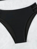 Sexy Solid Black Two Piece Swimsuit for Women Summer New High Waist Bikini Set Beach Vacation V-neck Backless Swimwear 2026