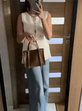 Women's Sleeveless Knit Top With Metal Buttons White Sleeveless Button Down Vest And Maxi Skirt Two Piece Set For Women S7XY