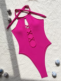 sexy front cross hollow swimsuit one piece solid halter tie bikinis thong swimwear bodysuits women biquini bathing suits 7 color