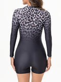 2026 Zipper Rushguard Long Sleeve Surfing Swimsuit Women One Piece Leopard Swimwear Female Bather Bathing Swimming Swim Suit XXL