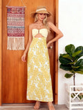Women Floral Print Tie Backless Dress for Bohemian Party Evening Ring Cut Out Strapless Bodycon Long Dresses