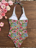 S - XL 2026 Flower Printed Floral V Neck Women Swimwear One Piece Swimsuit Female Halter Monokini Bather Bathing Suit Swim V8221