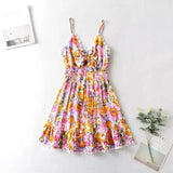 V Neck Bowknot Floral Print Boho Summer New Dress for Women Adjustable Strap Lace Patchwork Sundress Beach Casual Short Dress