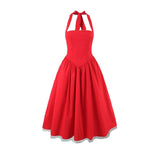 French Style Backless Cross-strap Halter Neck Dress For Women With Hard Mesh Panels Waist-cinching Pleated Large Hem Casual FYR0