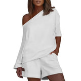2 Pcs/Set Women Tracksuit One-shoulder Short Pants Solid Color Leisure Summer Top Set