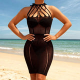 Fishnet Women Sexy Beach Cover Up Dress Women Stretch See Through Sleeveless without Bikini Swimsuit Coverup Mini Beachwea