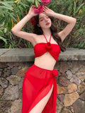 2025 Korean Swimsuit Women Sexy Bikini Red Split Long Skirt Swimsuit Women Halter 3D Flower Push Up Holiday 3 Piece Swimwear