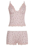 Cute Pink Floral Lace Patchwork Two-piece Pajamas Set for Women Sleepwear Sleeveless Camisoles and Slim Shorts Loungewear